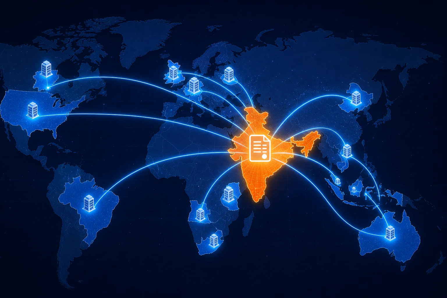 World map illustration showing India as the central hub with connecting lines to global hiring destinations across Europe, Americas, Southeast Asia, Middle East, and Africa under a single contract