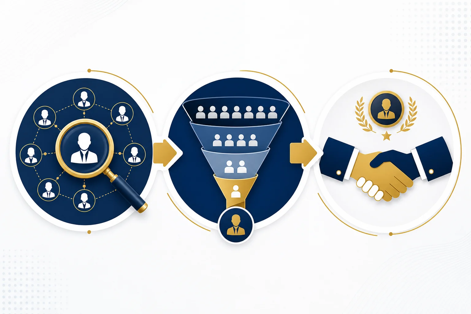 Three-stage pay-on-hire leadership recruitment process: specialist matching, multi-level screening, and successful placement