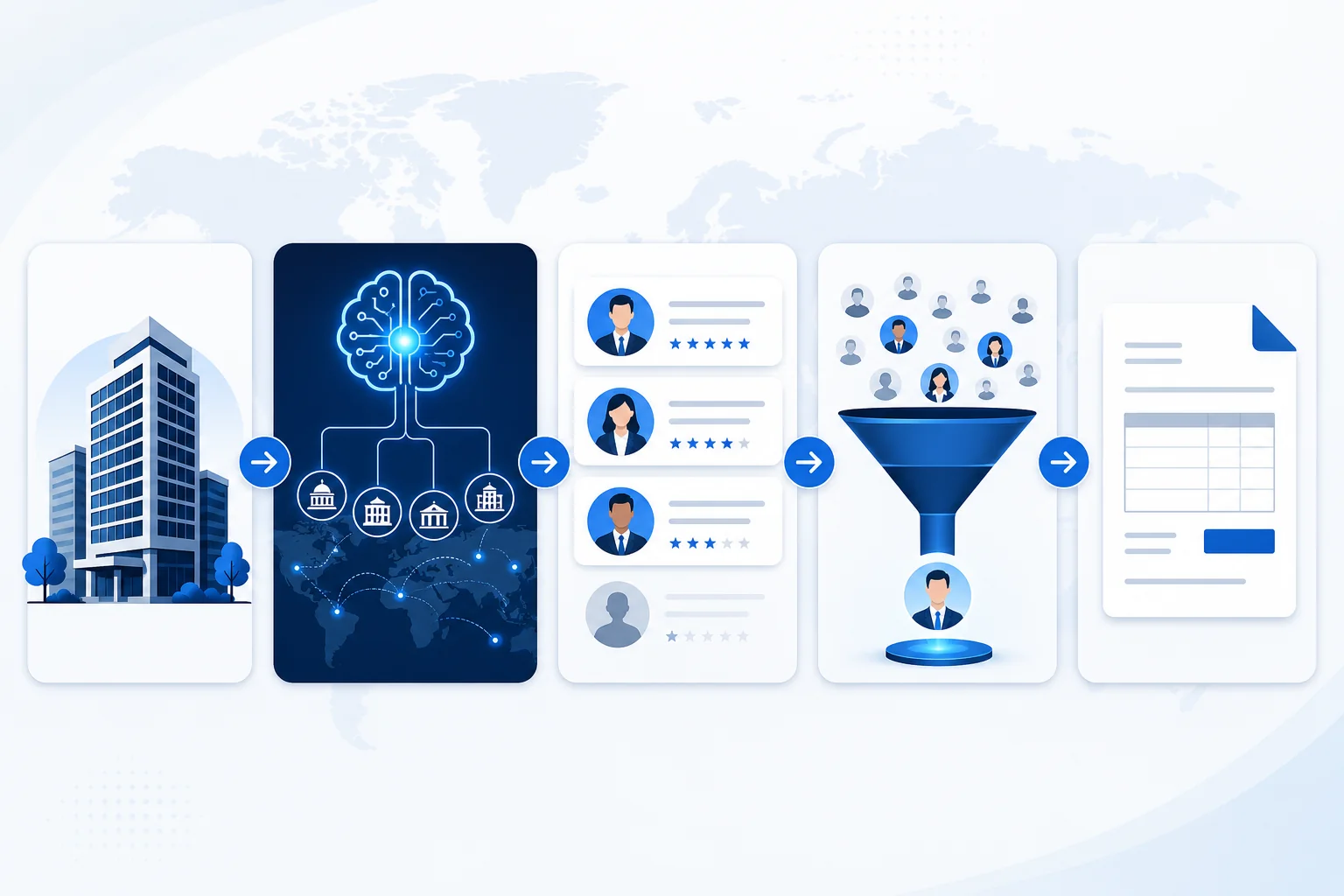 Step-by-step process flow of single contract recruitment from role posting through AI agency matching to unified invoicing