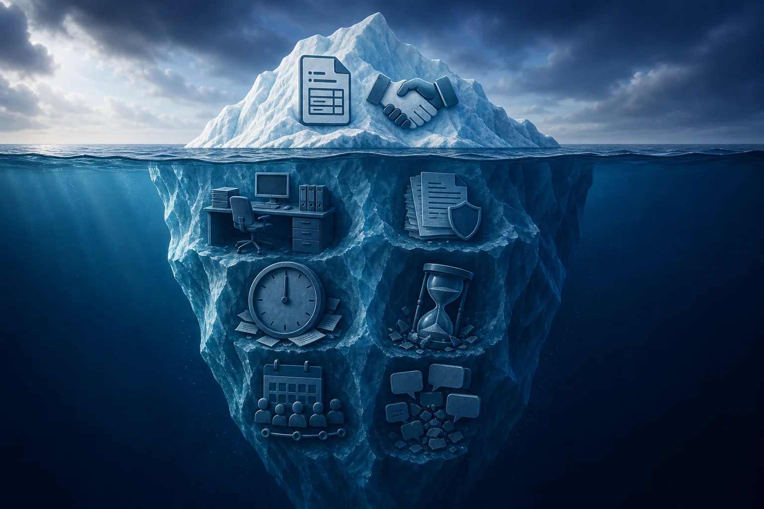 Iceberg diagram illustrating visible recruitment placement fees above water and hidden vendor sprawl costs including admin overhead and compliance risk below