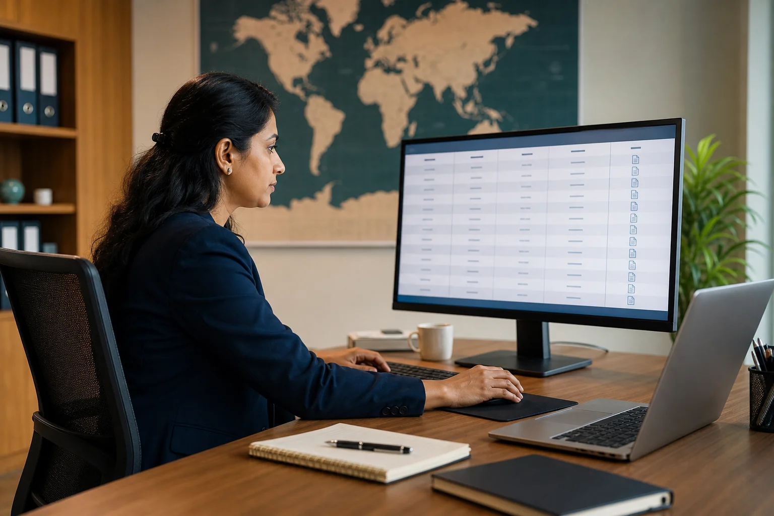 Talent acquisition manager reviewing a vendor list spreadsheet on a computer screen with a world map in the background
