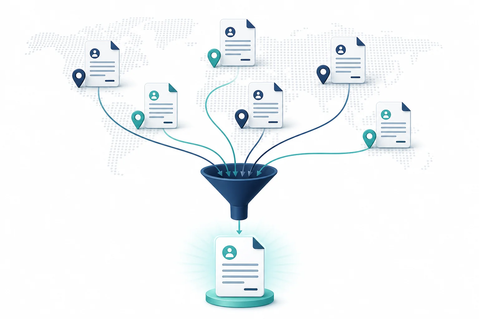 Conceptual illustration of multiple recruitment agency contracts funneling into one single consolidated contract and invoice