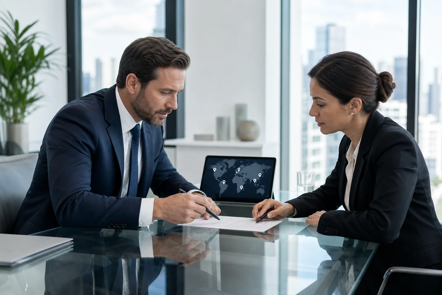 Finance and legal professionals reviewing a single recruitment vendor contract together at a conference table with a world map on a tablet screen