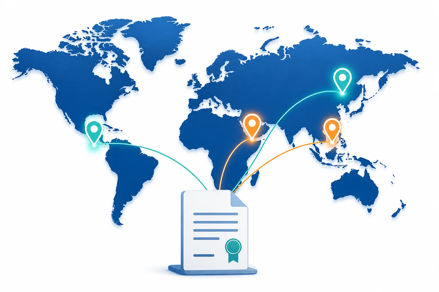 World map highlighting countries across Latin America, Asia, and Africa connected to a single unified hiring contract