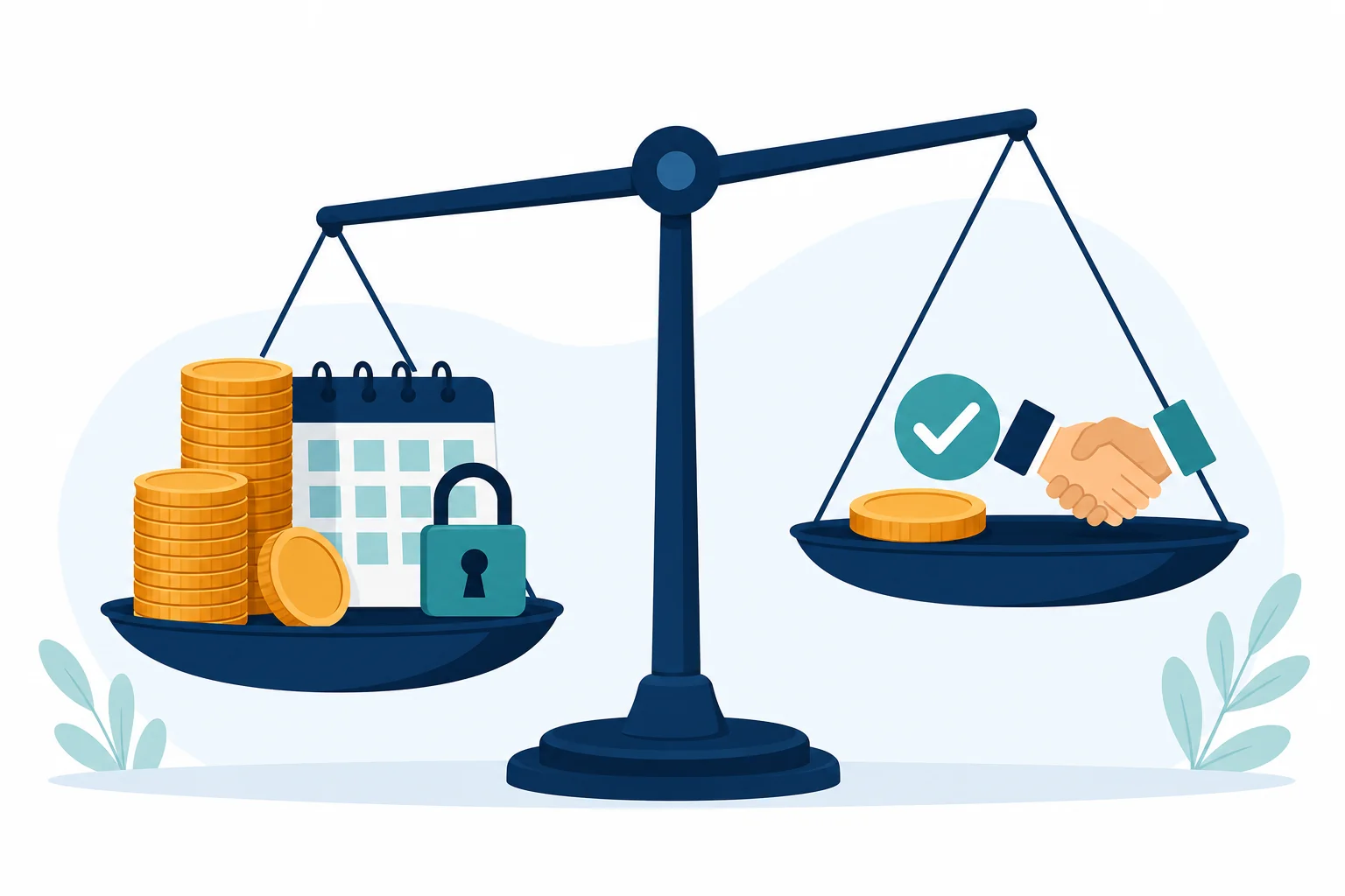 Balance scale comparing upfront retainer fees against a pay-on-hire recruitment pricing model