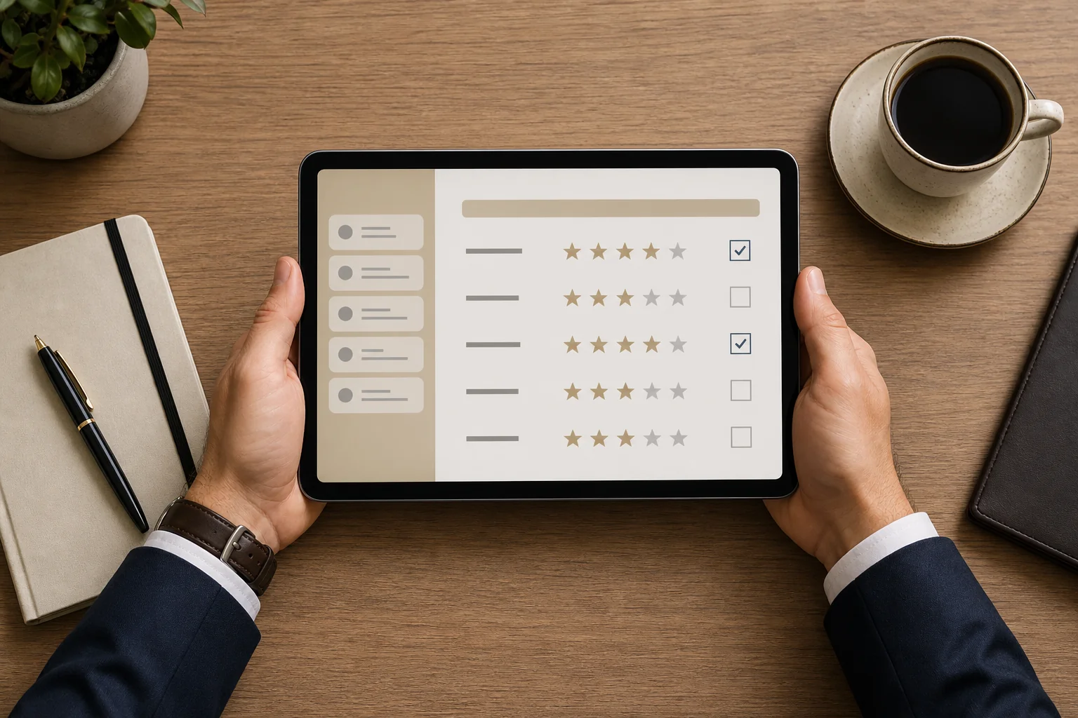 Scorecard checklist on a tablet used to evaluate a recruitment technology vendor before signing a contract