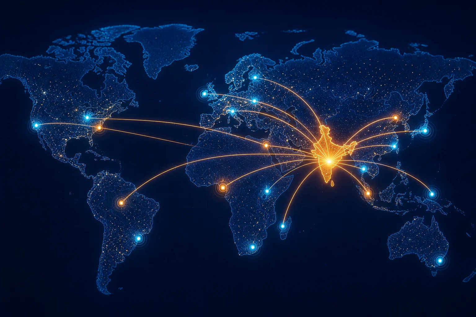 Digital world map showing hiring corridors from India to global markets for recruitment technology vendor evaluation