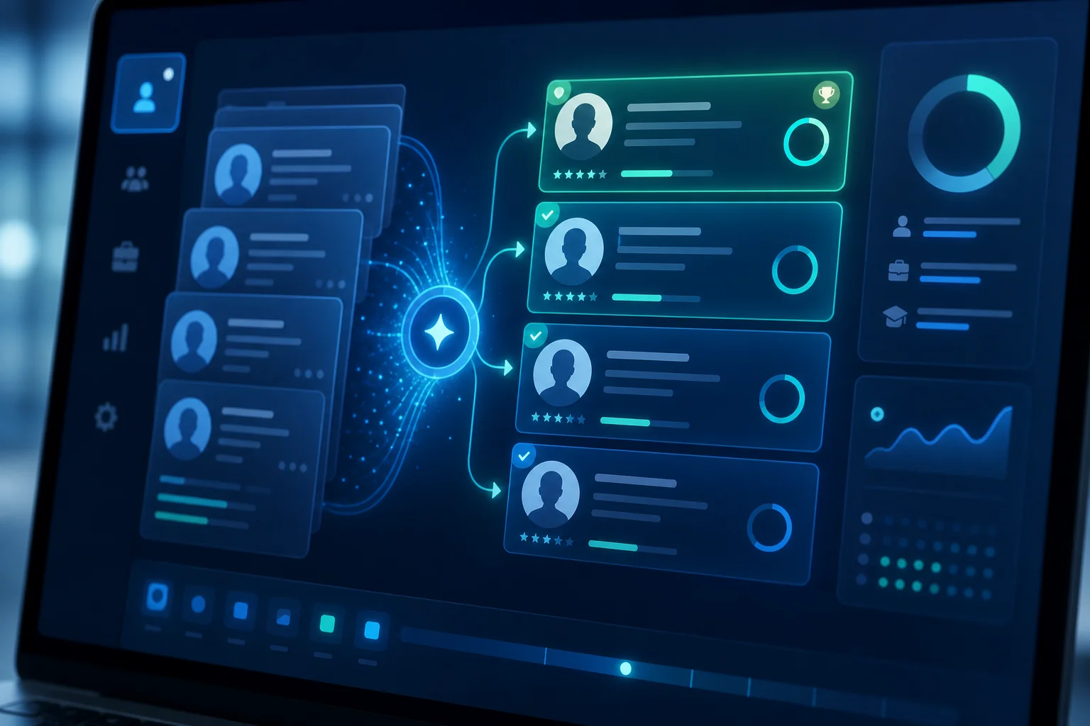 Recruitment technology dashboard showing AI matching and candidate ranking for vendor evaluation