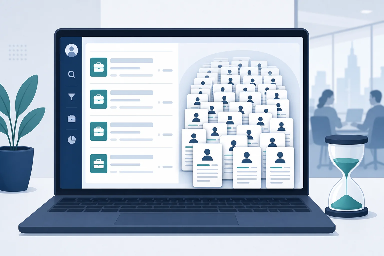 Illustration of a generic job board interface with stacked identical resume icons representing recycled active job seeker profiles