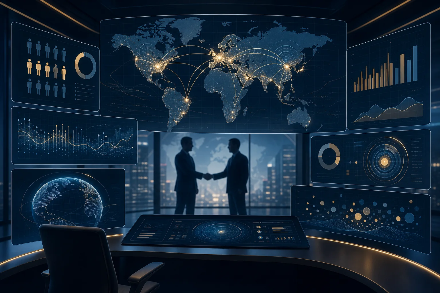 Dashboard-style illustration representing AI-powered RPO, leadership hiring, and market intelligence tools