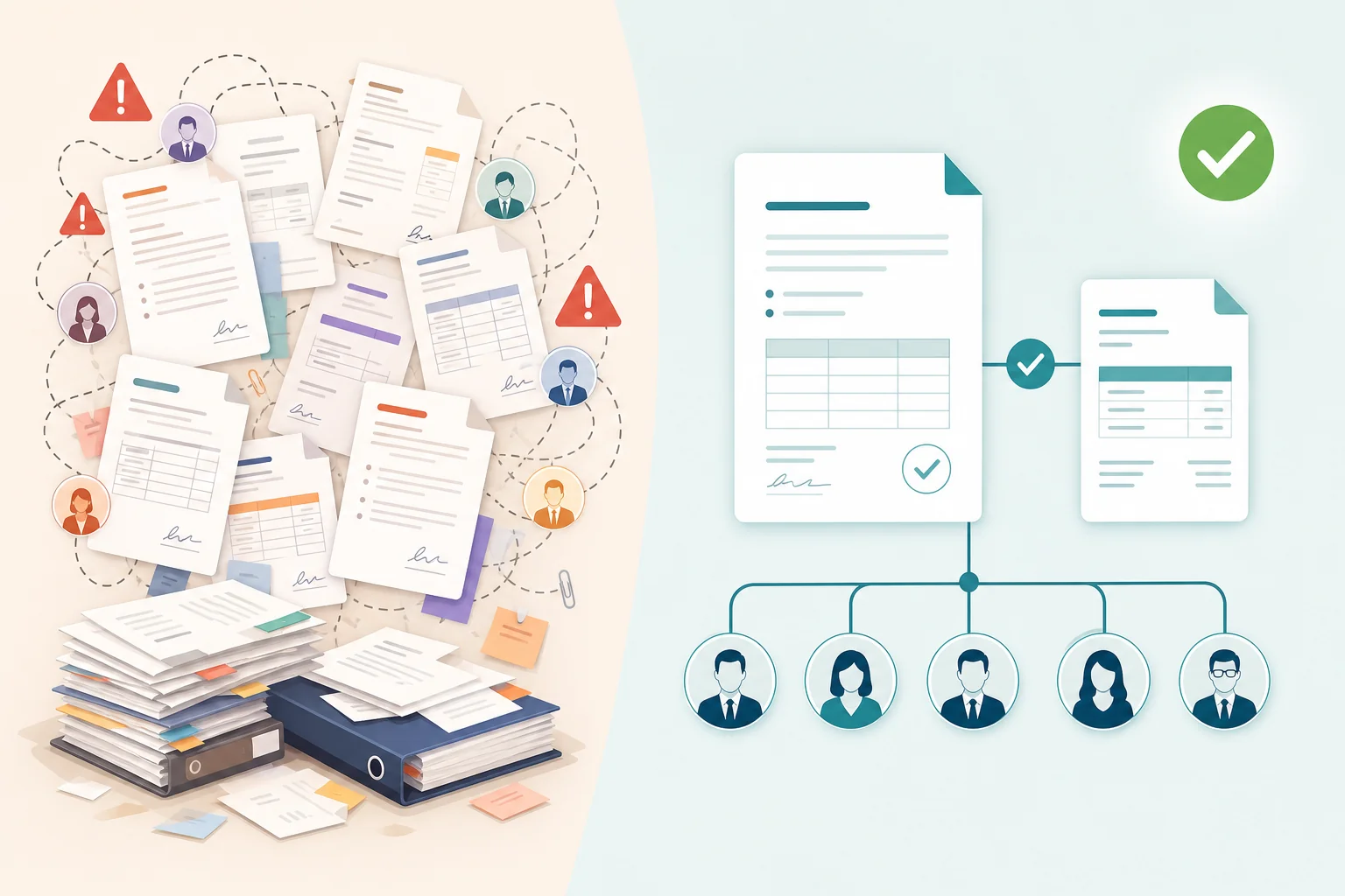 Illustration comparing fragmented multiple agency contracts versus a single consolidated pay-on-hire contract and invoice