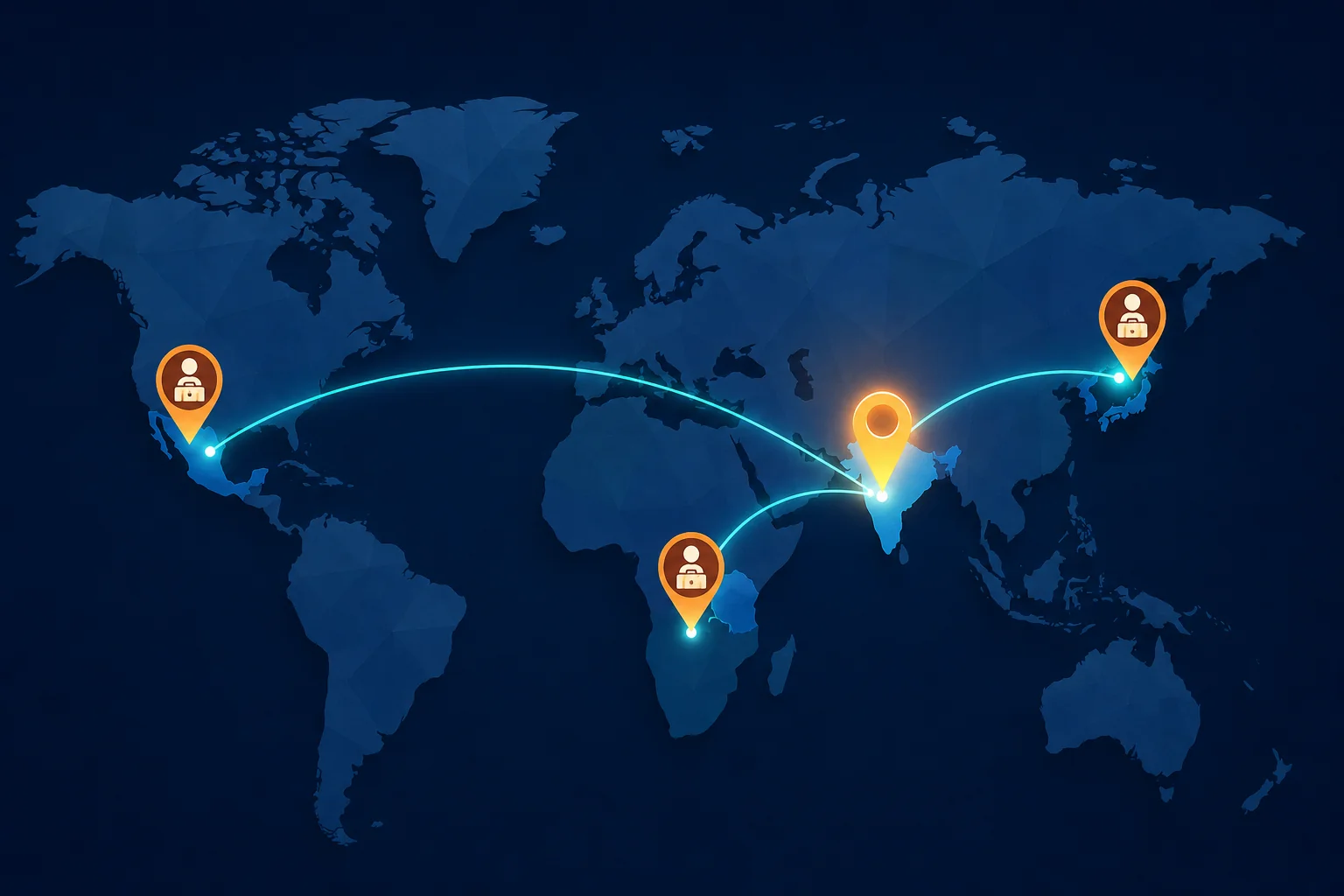World map illustration showing an India-based company hiring simultaneously in Mexico, Kenya, and South Korea through a single recruitment platform