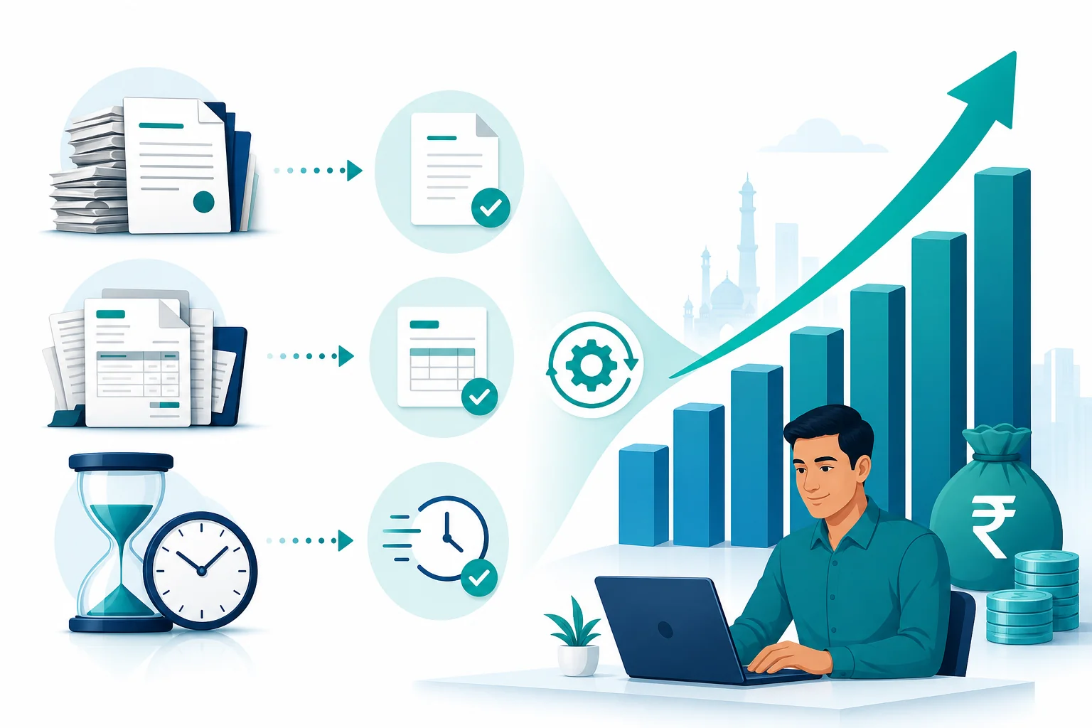 Infographic-style visual showing recruitment vendor consolidation reducing contract and invoice overhead while increasing hiring efficiency