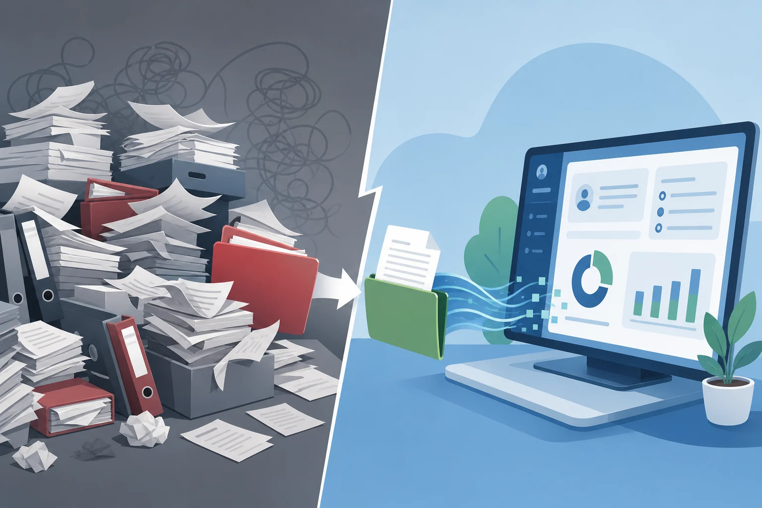 Illustration contrasting a chaotic pile of scattered recruitment agency contracts and invoices with a single organized document flow