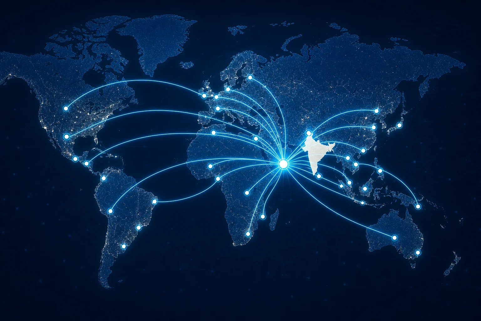 Digital network map showing a single India-based hiring hub connected to specialist recruitment agency partners across global regions