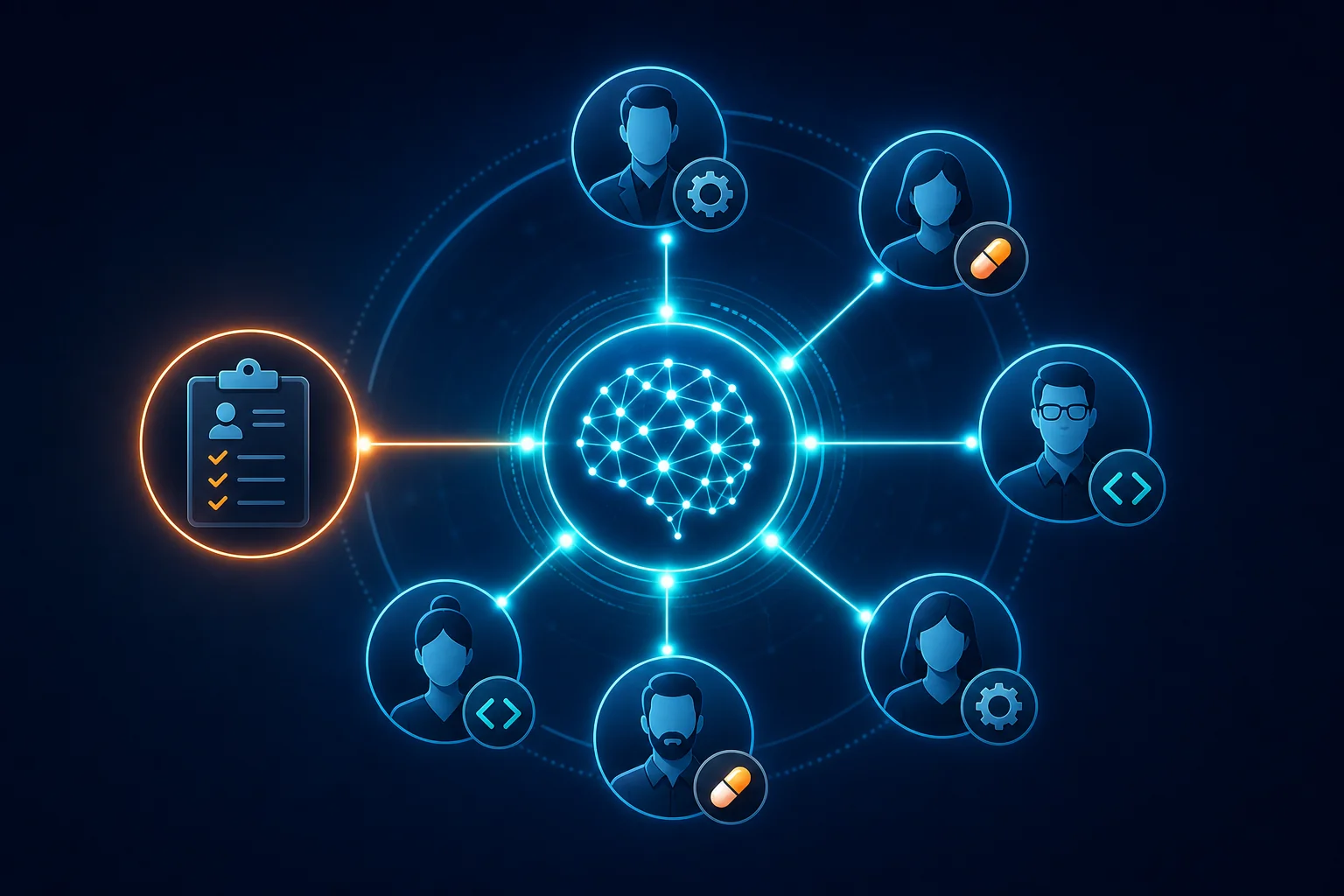 Abstract illustration of AI vendor matching engine connecting a job requirement to specialist recruiting agencies by industry