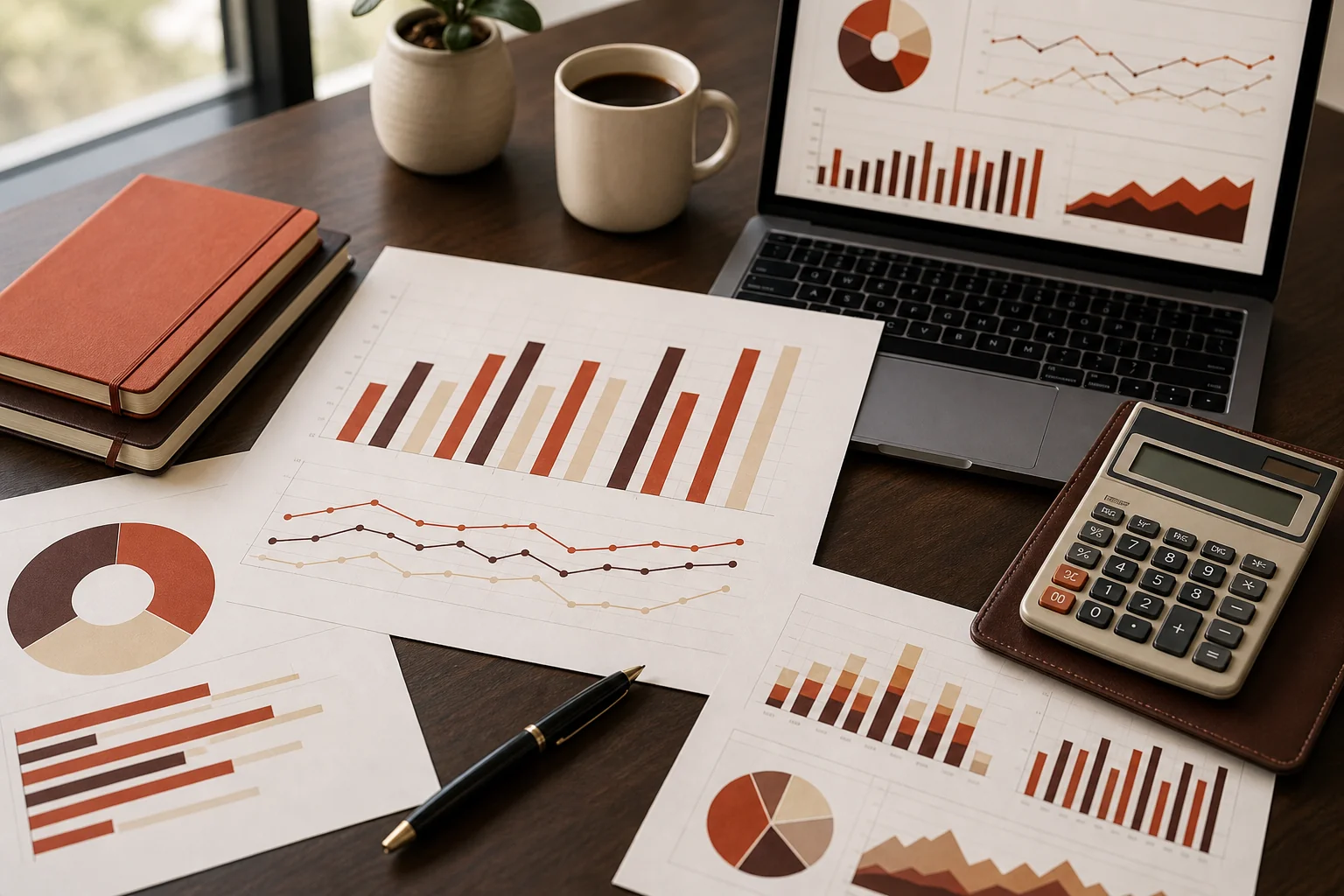 Printed charts, calculator, and financial dashboard showing cost-per-hire benchmarking for specialist recruitment