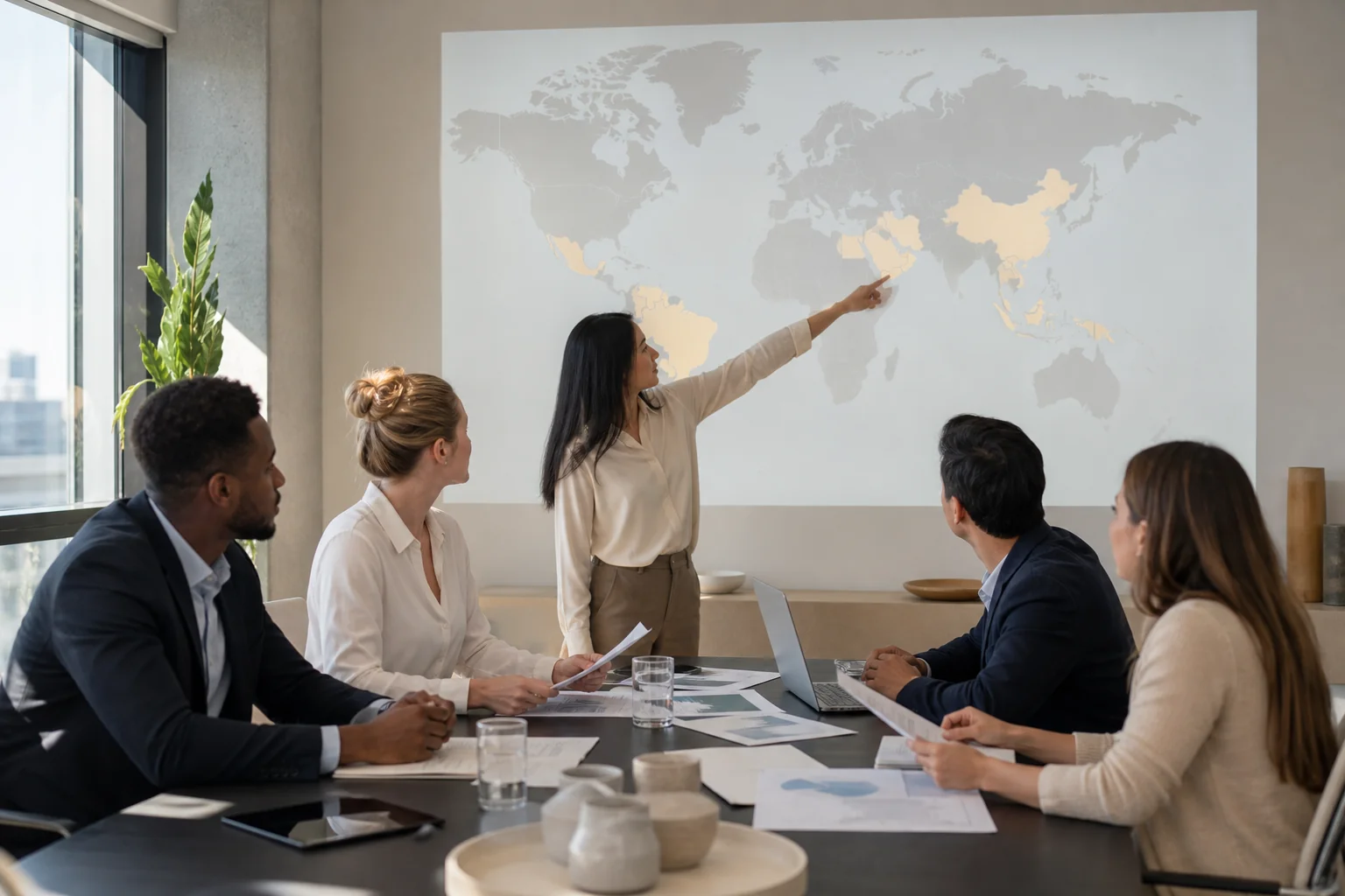 Recruiters coordinating specialist hiring across multiple countries around a world map in a meeting room