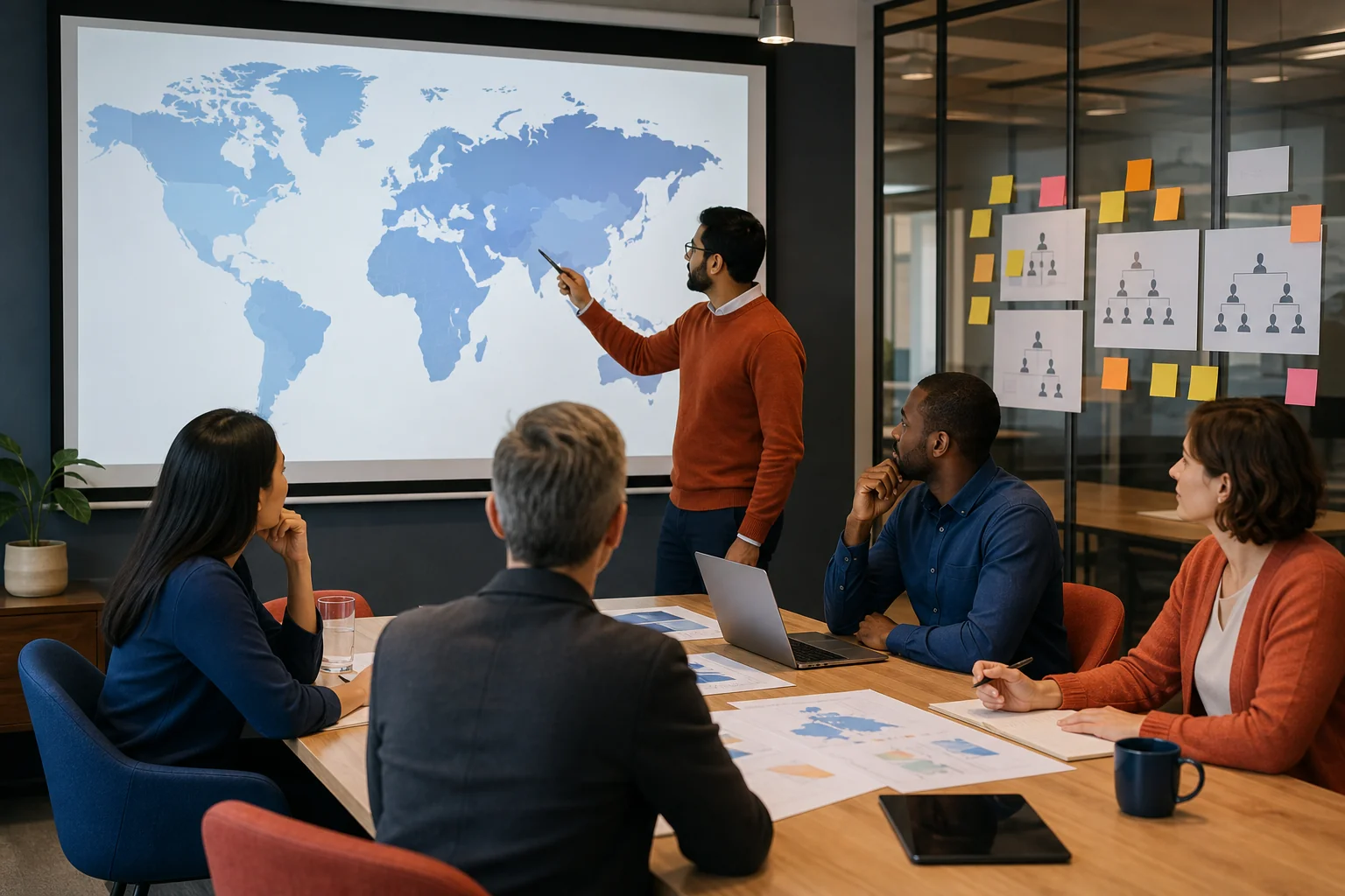 Diverse hiring team reviewing global recruitment fee factors including seniority, niche skills, and geography