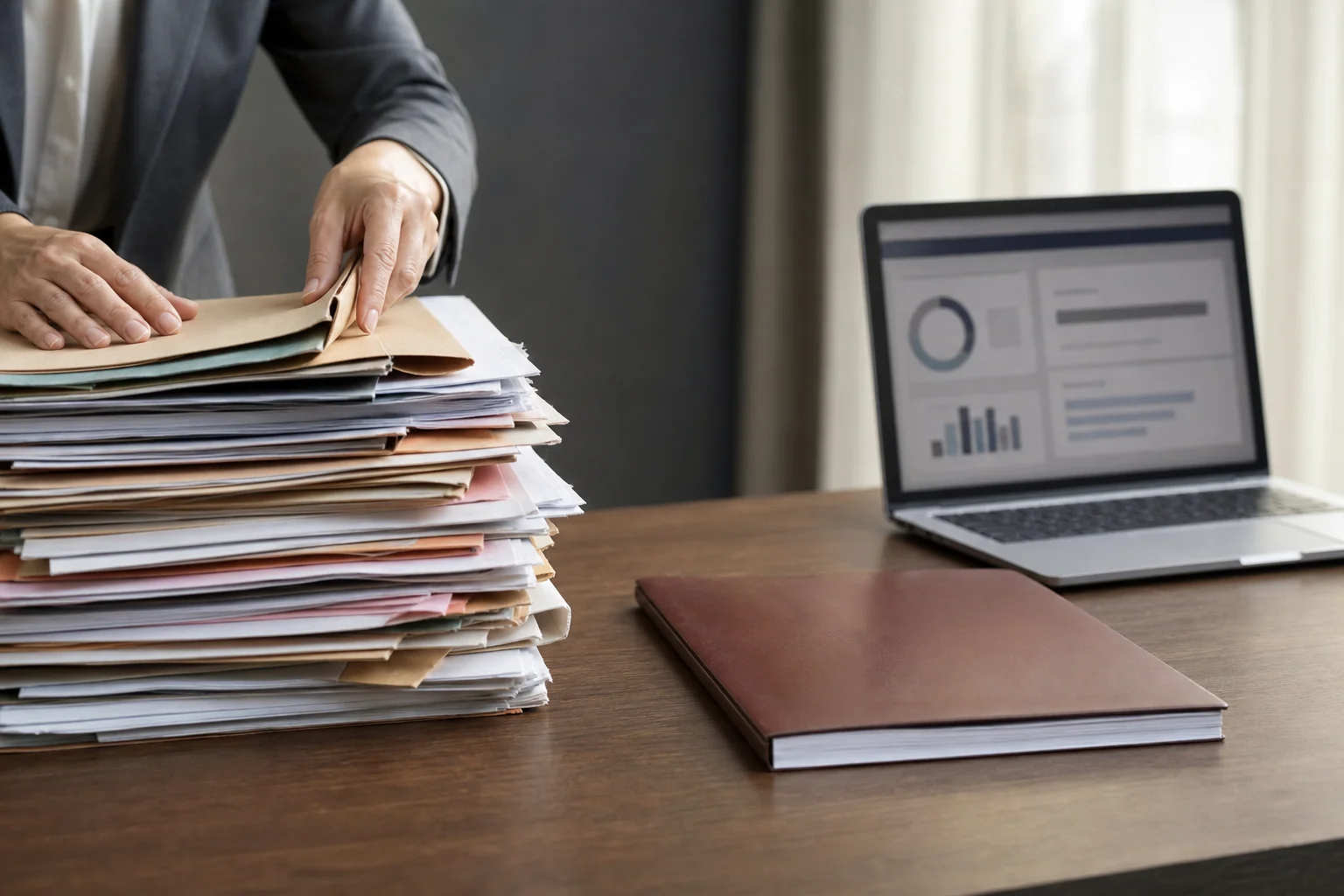 Desk showing a stack of separate vendor contracts transitioning into one consolidated recruitment agreement and dashboard