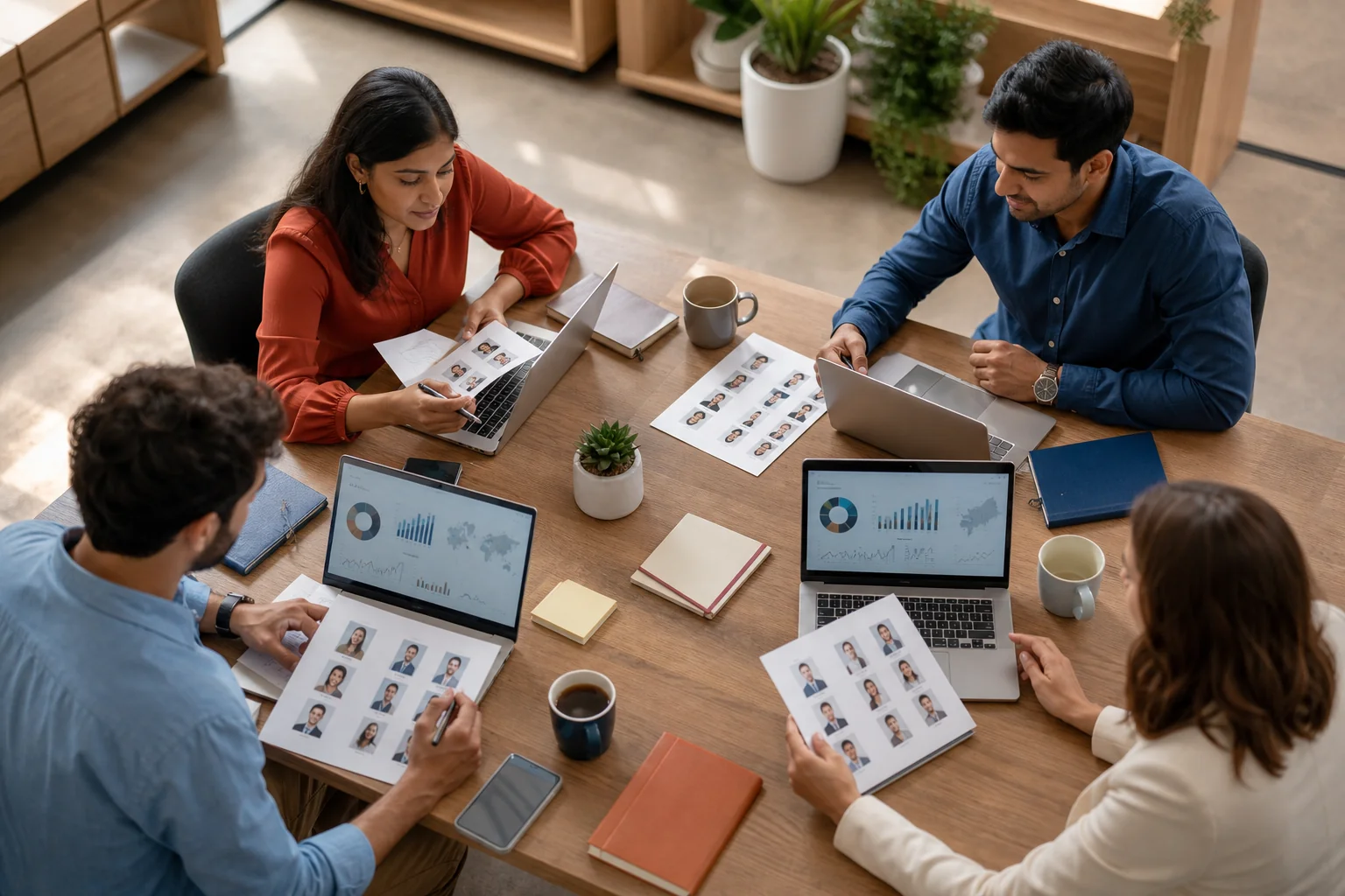 Team of recruiters and hiring managers reviewing candidate profiles and dashboards to speed up parallel hiring
