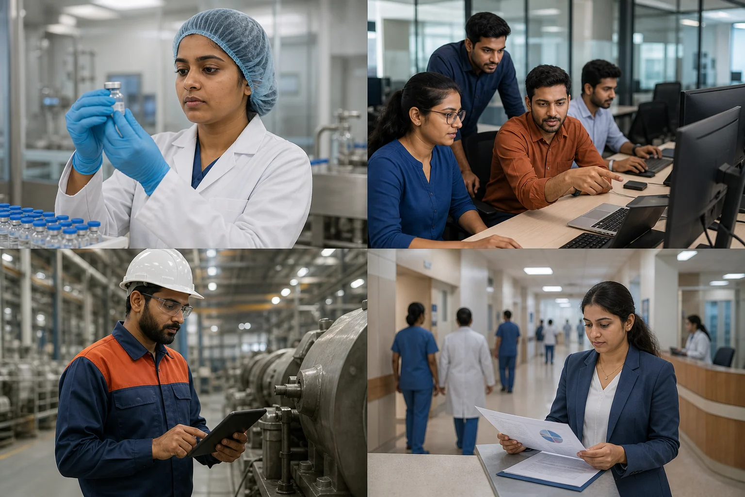 Four Indian industry workplaces representing pharma, technology, manufacturing, and healthcare sectors served by niche recruitment agencies