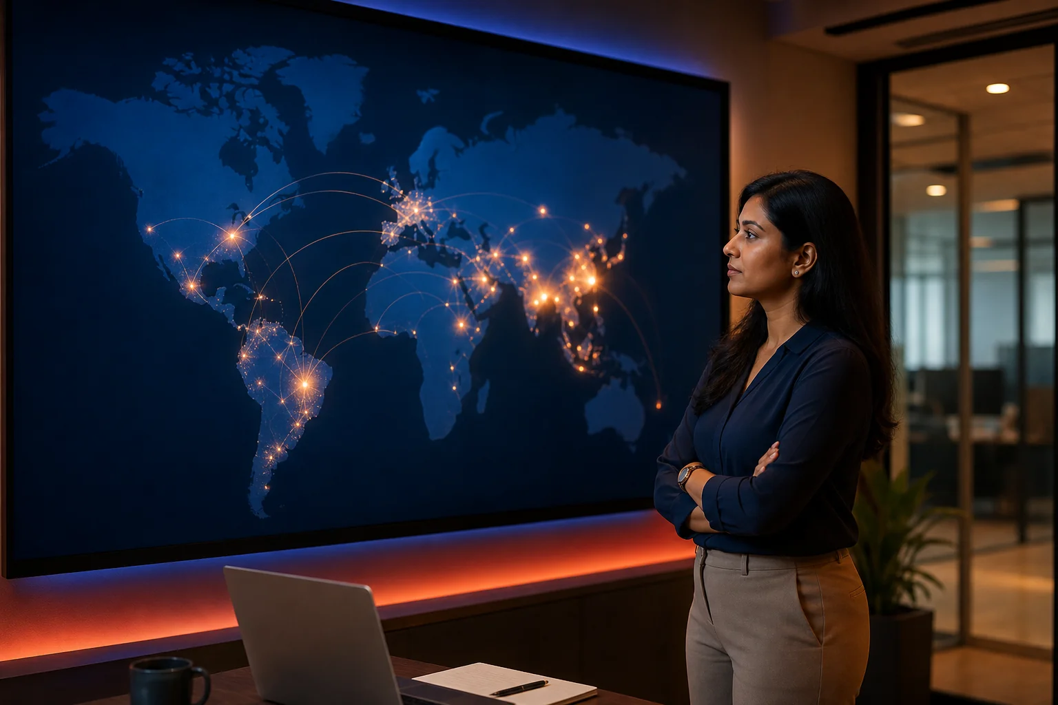 World map on office screen showing multi-country hiring connections for an India HQ company