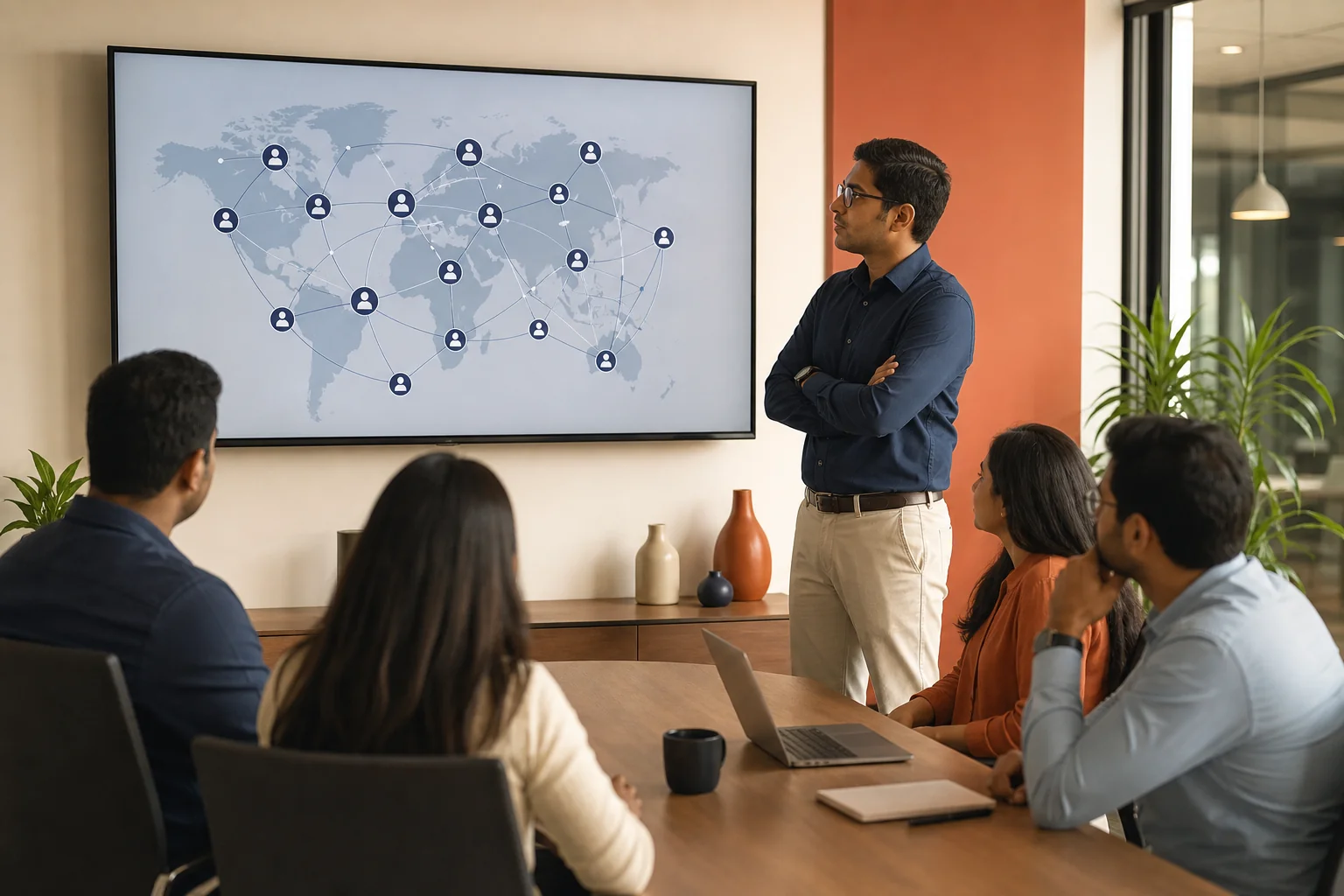 TA leader reviewing a network of global recruiting agencies on a screen in an Indian office