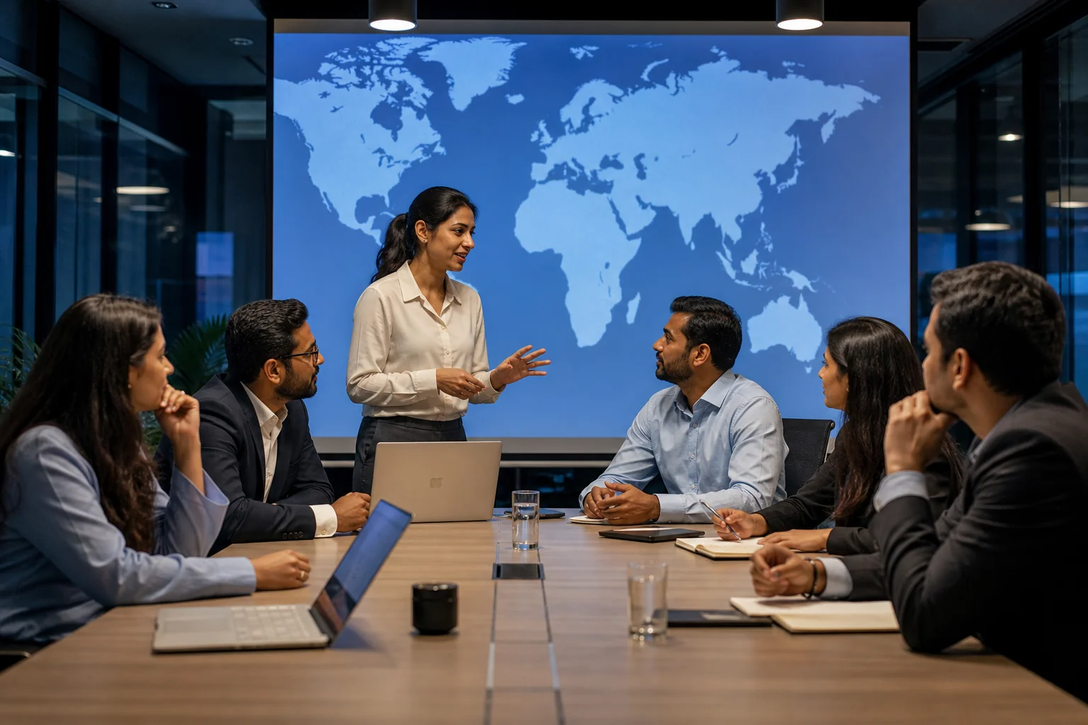 Team in a modern office discussing international hiring strategy across multiple countries