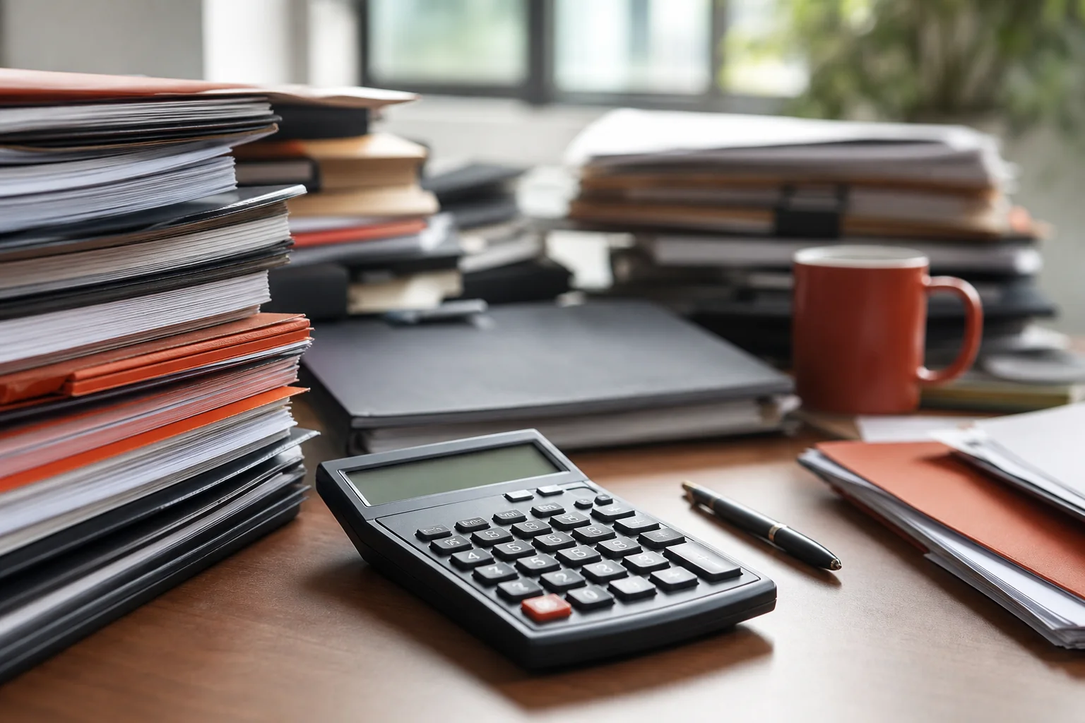 Cluttered desk with stacked invoices and a calculator representing hidden administrative recruitment costs