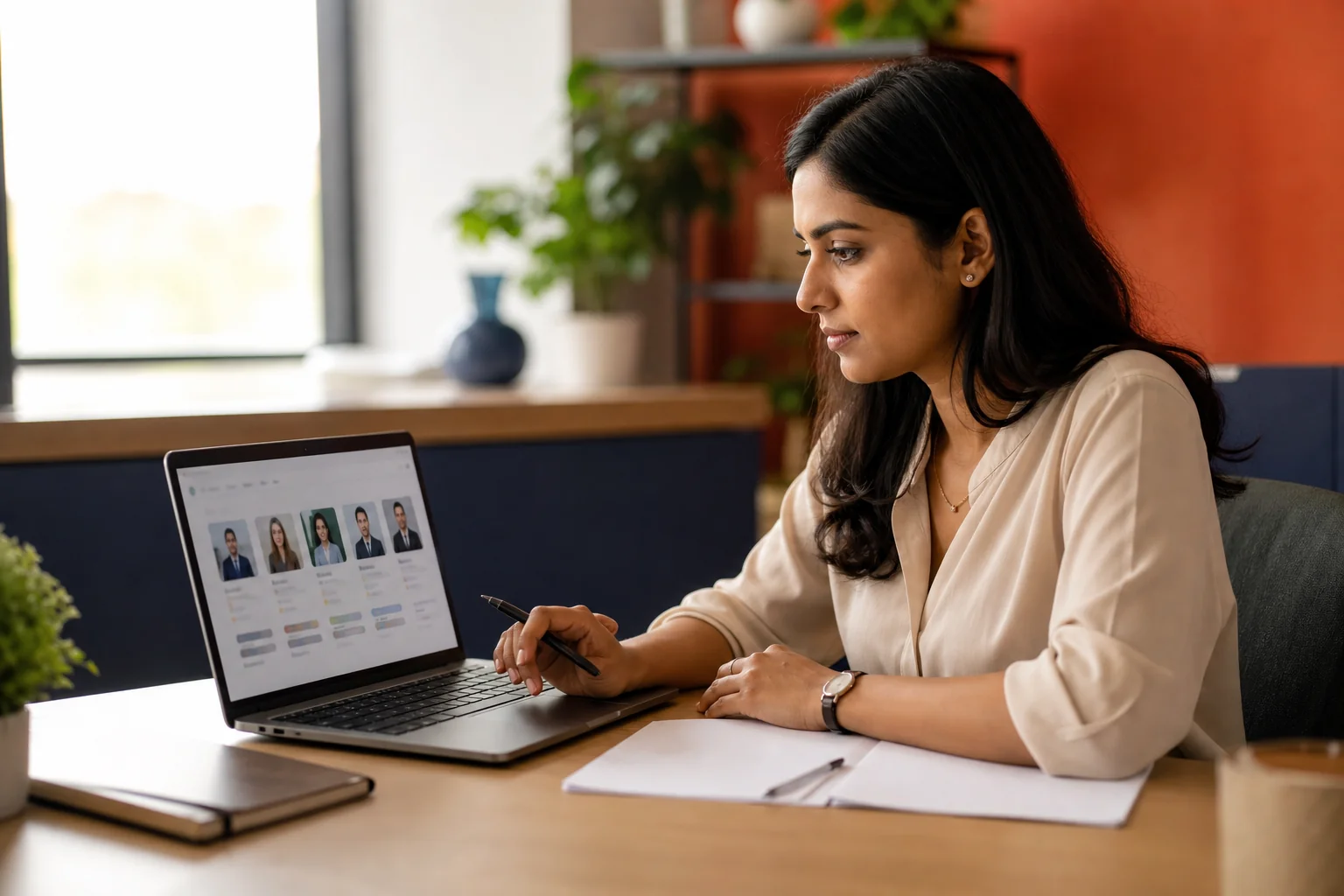 HR professional reviewing specialist recruiter profiles and specialization tags on a laptop screen