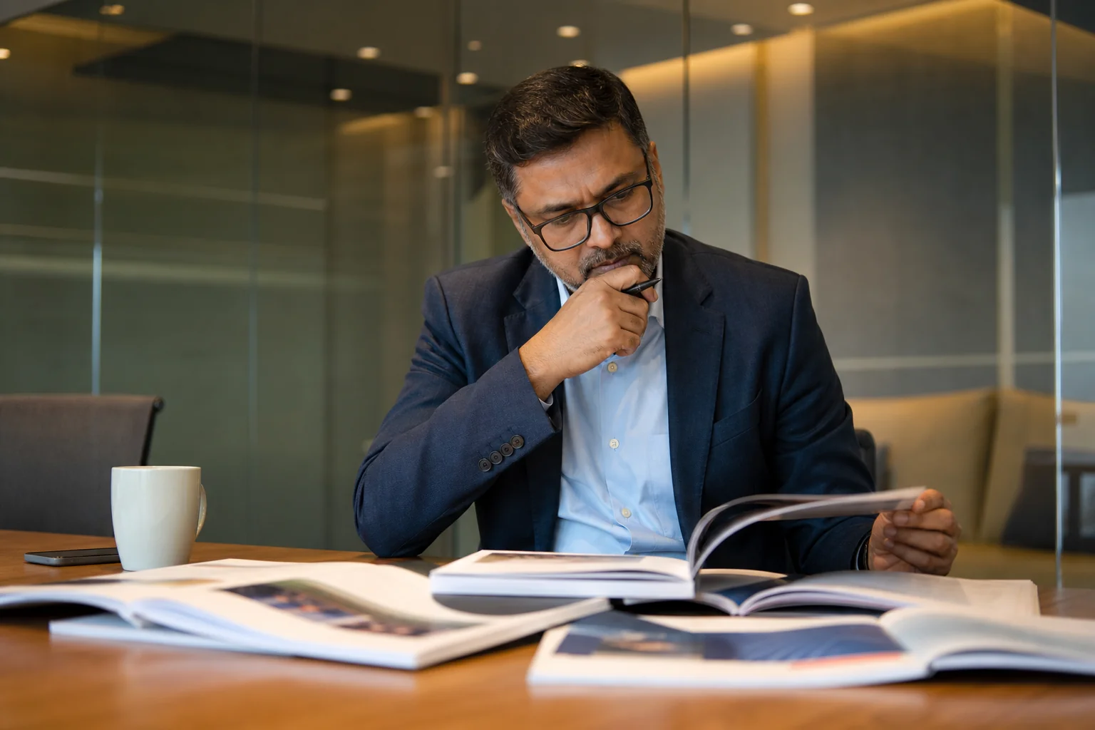 HR leader reviewing vendor proposals in a meeting room, checking for red flags before choosing a recruitment marketplace