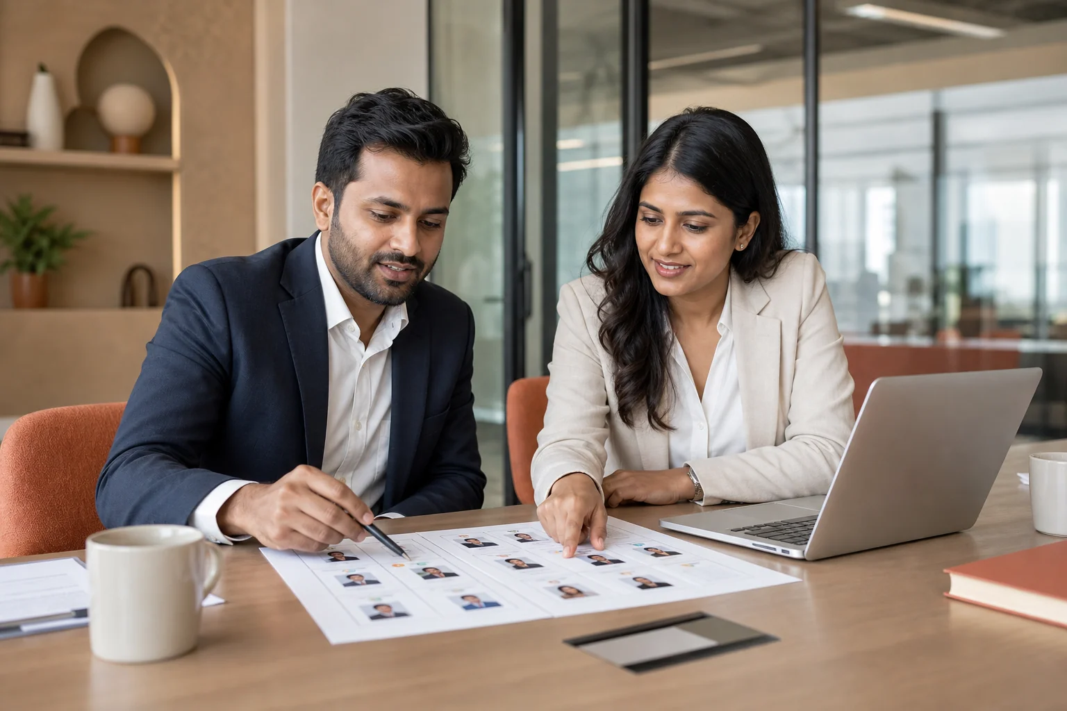 Two professionals reviewing a shortlist of validated and ranked job candidates in a meeting room