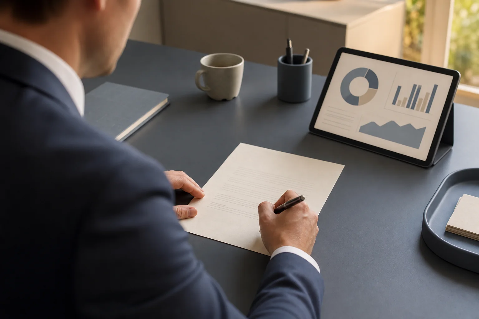 Professional signing a single recruitment services contract with a simplified dashboard nearby