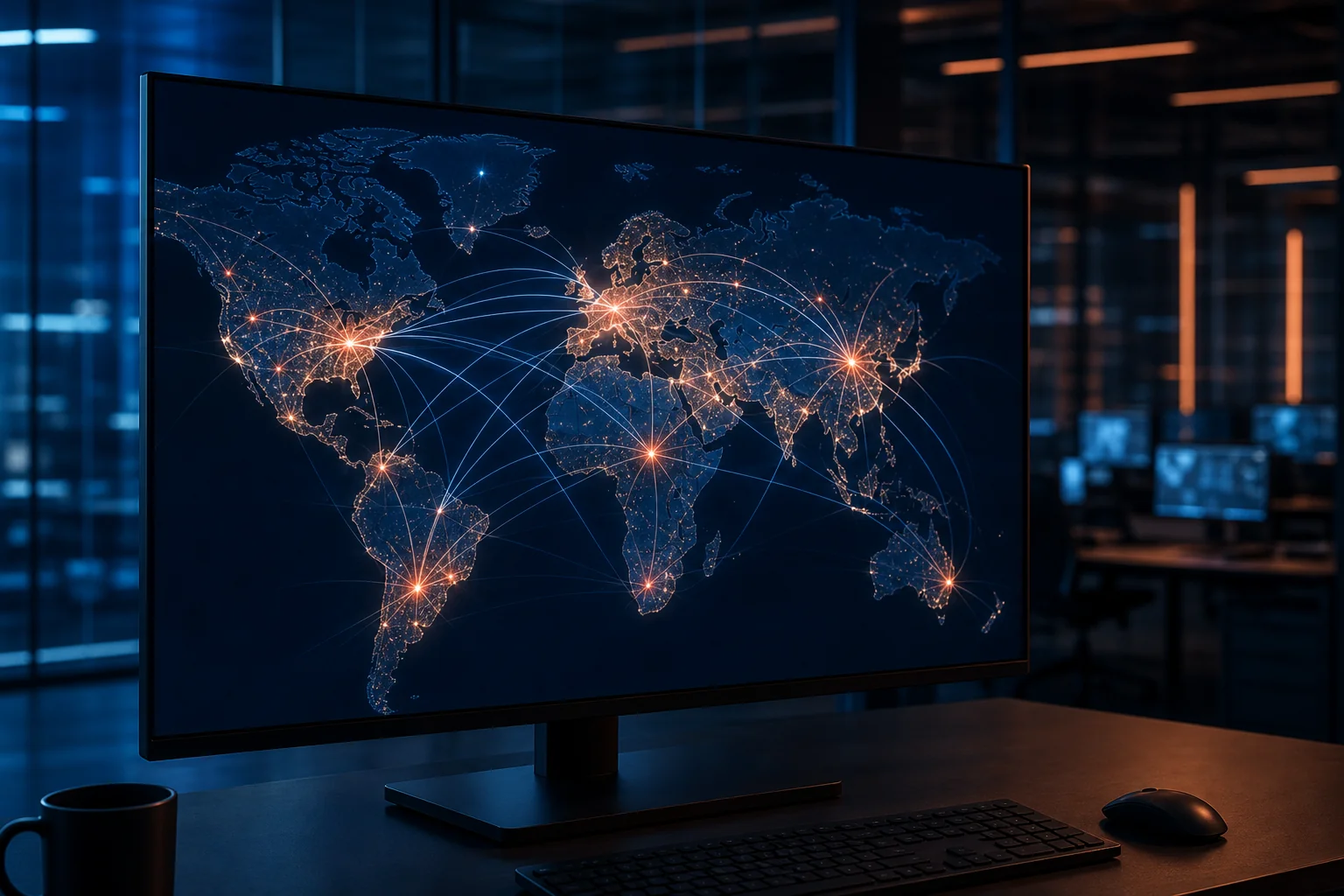 Abstract global network visualization representing AI-driven recruiter vendor matching across countries