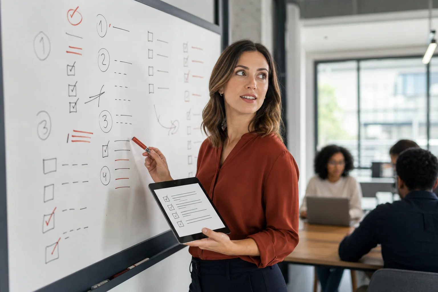 Talent acquisition professional auditing a recruitment vendor checklist on a whiteboard in a modern office