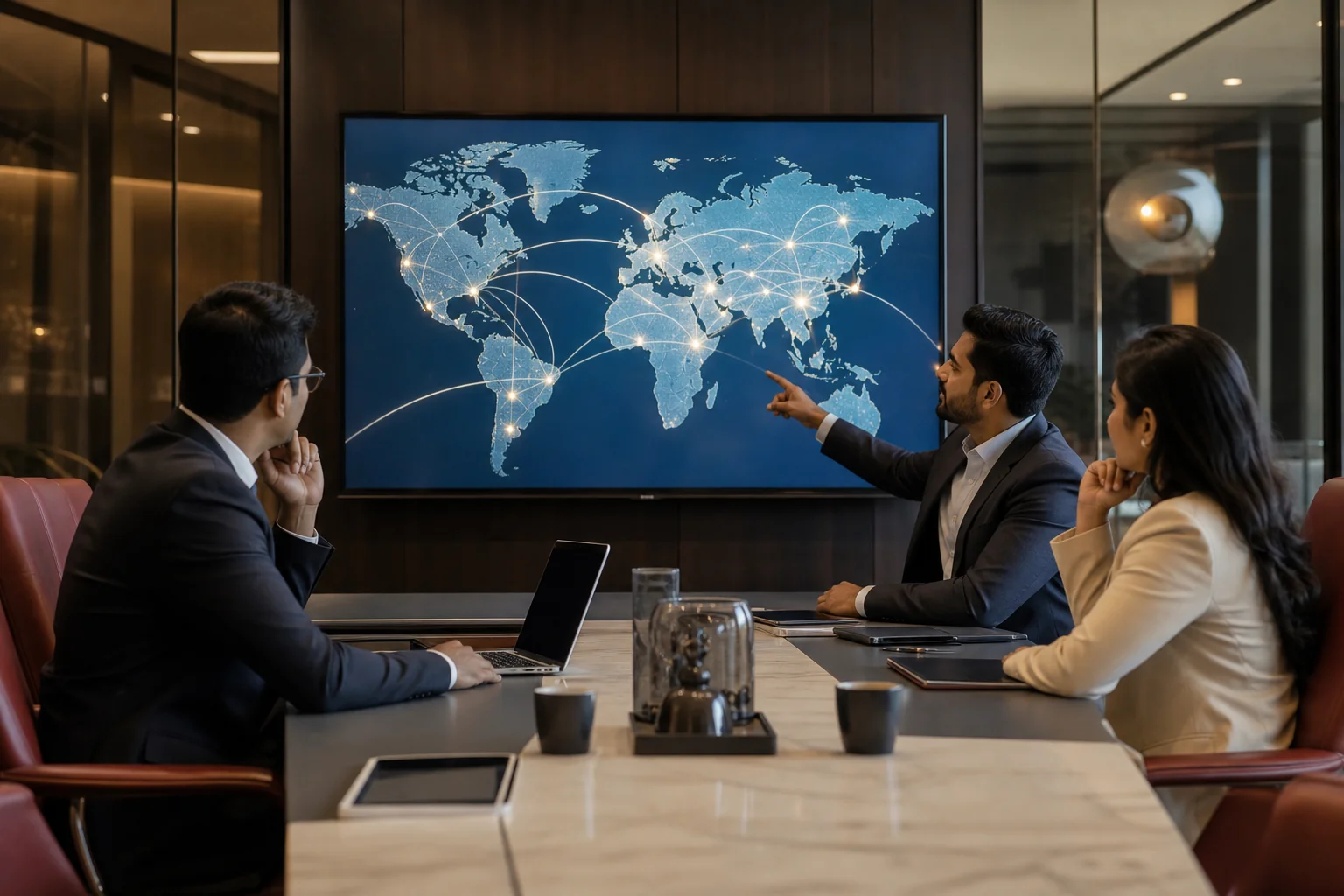Business team reviewing a world map showing recruiting partner connections across multiple countries