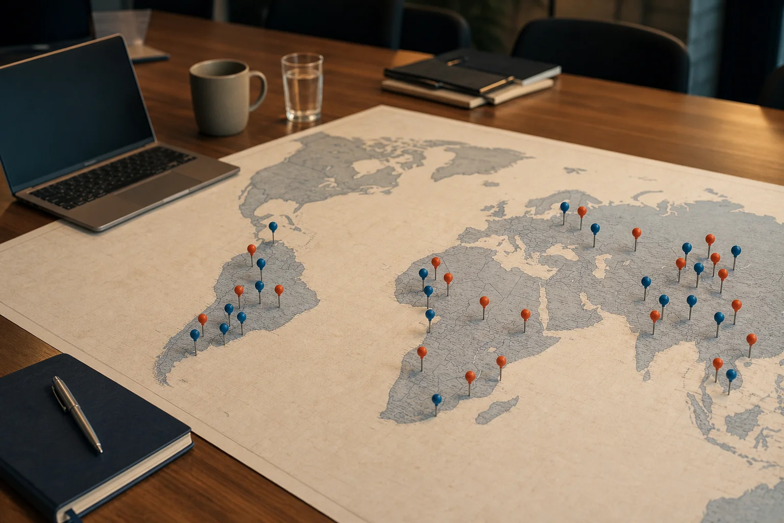World map with location pins representing cross-border hiring complexity for Indian companies hiring across multiple countries