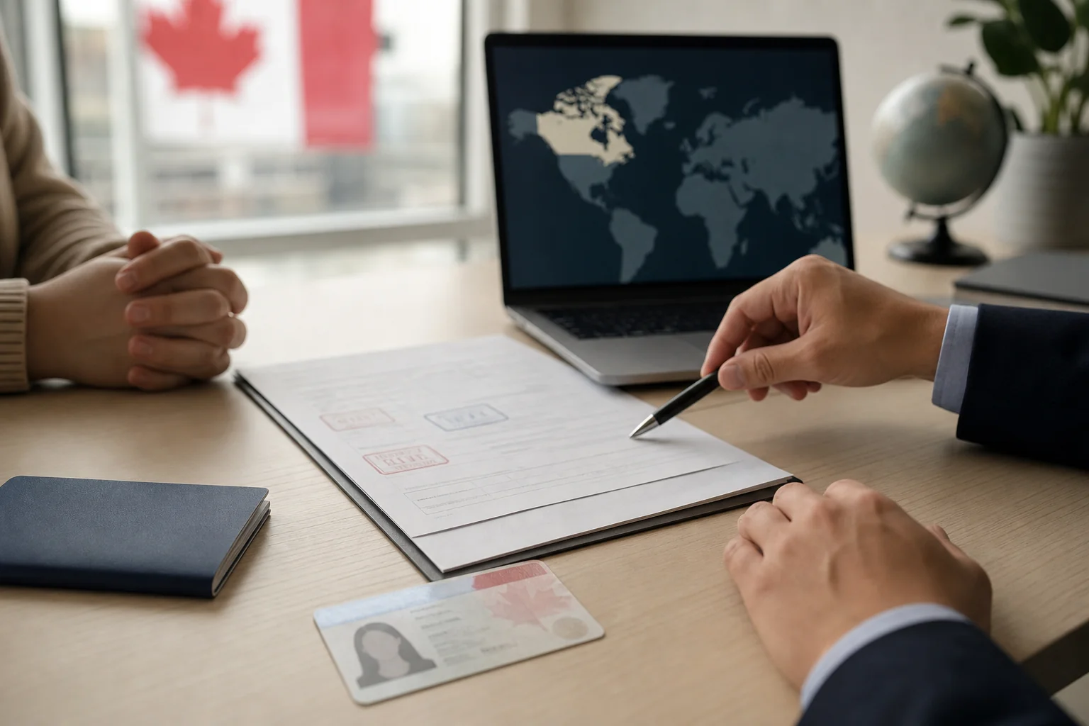 Photorealistic: A close-up professional photograph of a consultant's desk showing a Canadian permanent resident card mockup-style document, a passport, and a laptop displaying a world map with Canada highlighted, softly lit office setting