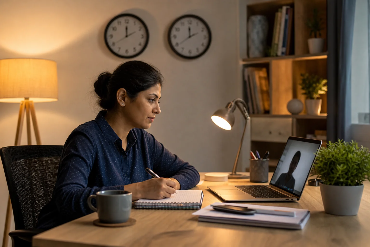 Photorealistic: A professional photograph of a talent acquisition manager in India working late at a well-lit home office desk at early morning hours, two clocks visible on the wall showing different times representing IST and Canadian time