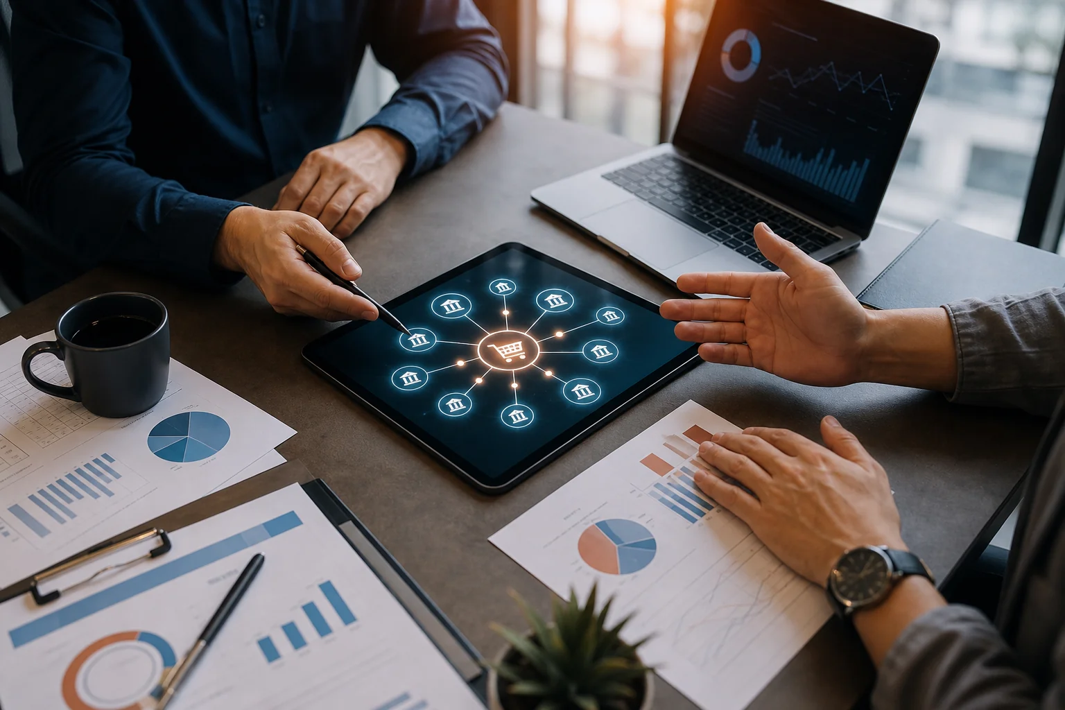 Photorealistic: A professional overhead photograph of a modern office meeting table with a tablet at the center displaying a glowing network diagram of connected nodes representing a marketplace linking to multiple agency icons, surrounded