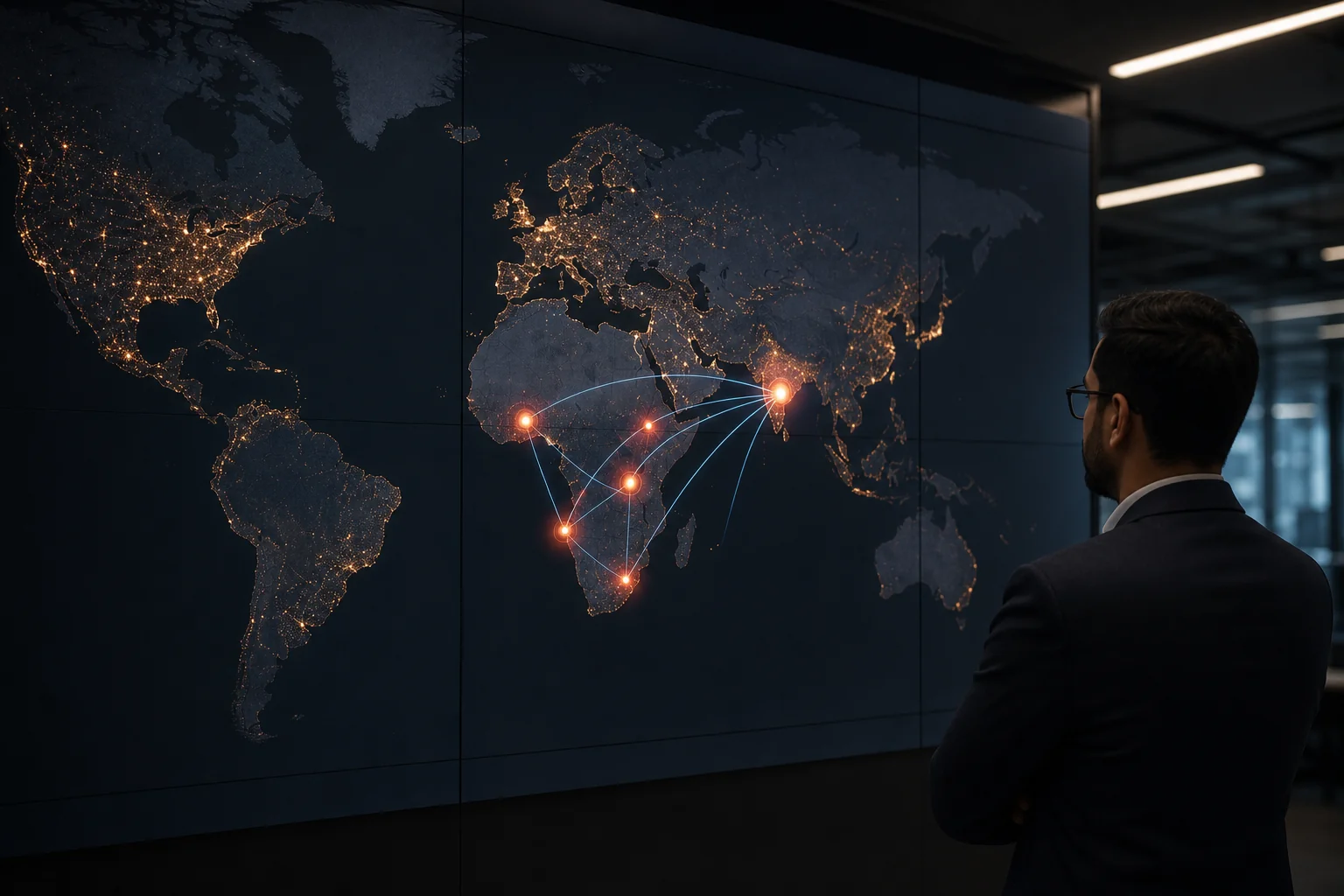 A world map style visualization showing connected hiring hubs across Africa and India representing a recruitment marketplace network. Photorealistic photograph of a large world map displayed on a modern office wall or digital screen with