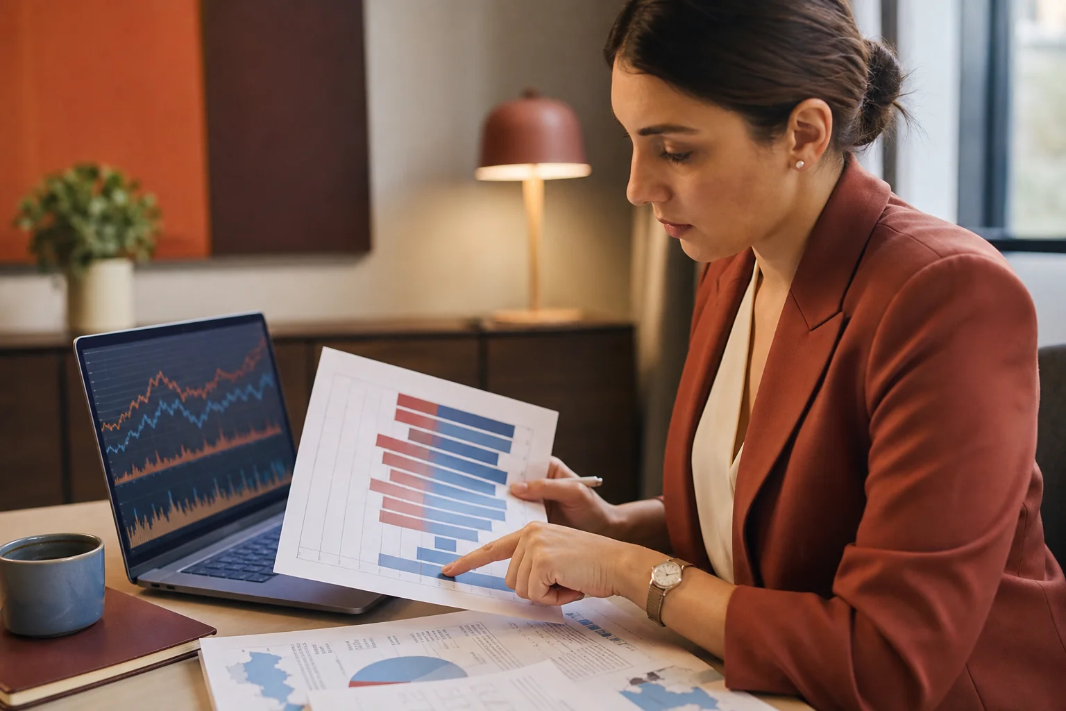 An HR professional reviewing compensation data and currency charts for cross-border hiring planning. Photorealistic photograph of a focused HR professional at a desk reviewing printed compensation benchmarking charts and a laptop showing