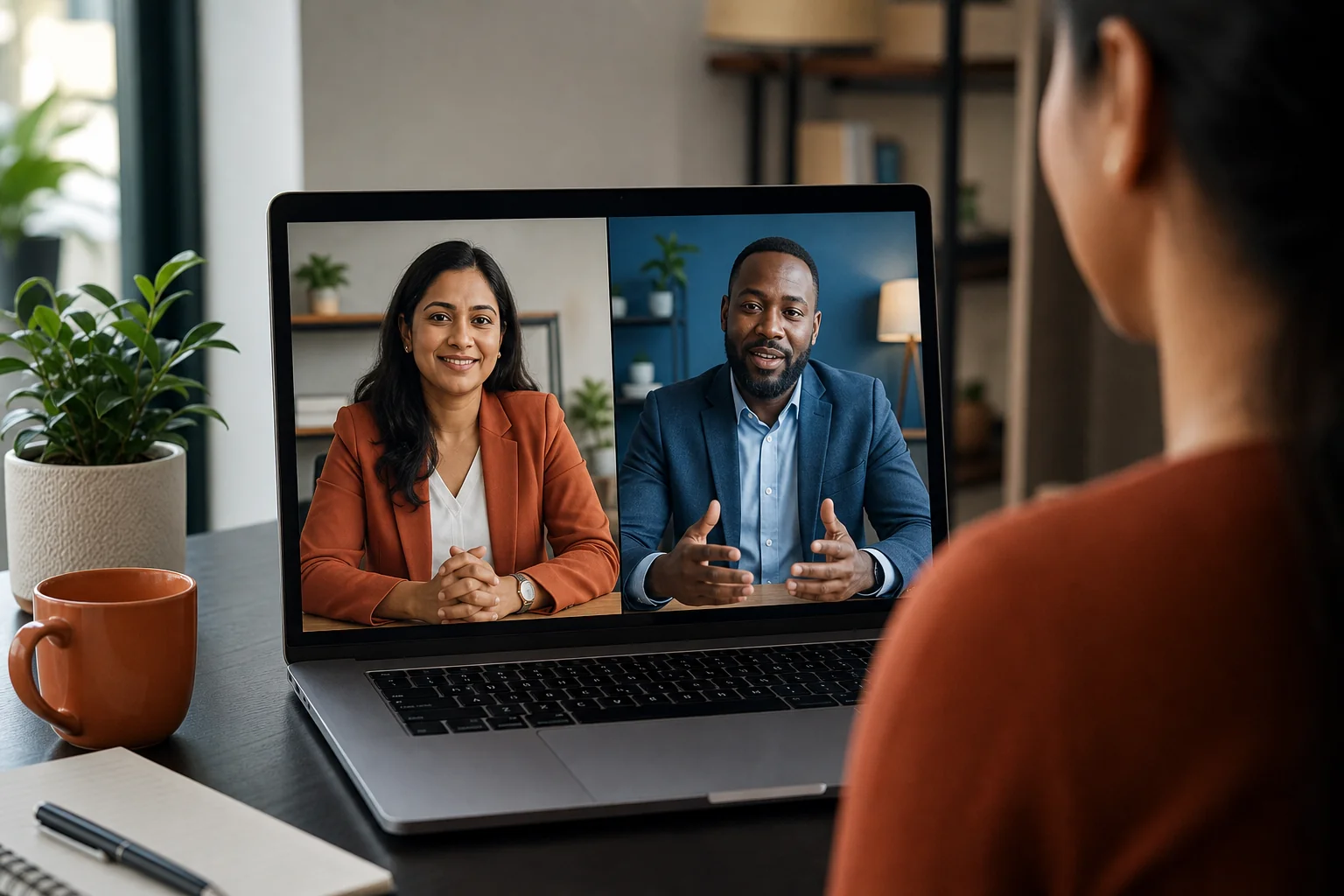 A remote video call between an Indian HR leader and a Nigerian recruiting partner, representing cross-border vendor vetting. Photorealistic photograph of a split-perspective video call scene on a laptop screen showing a professional Indian