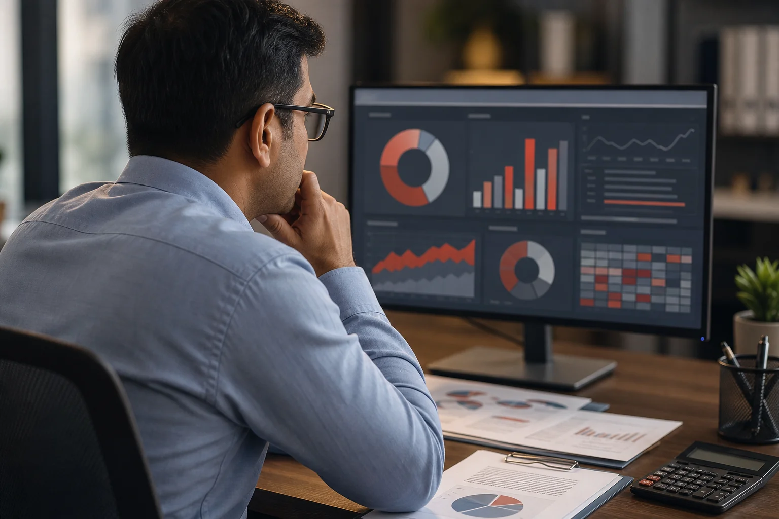 Photorealistic photo: close-up over-the-shoulder shot of an Indian professional analyst at a desk reviewing financial risk and compliance charts and payment transaction dashboards on a monitor, soft office lighting, muted color grade with