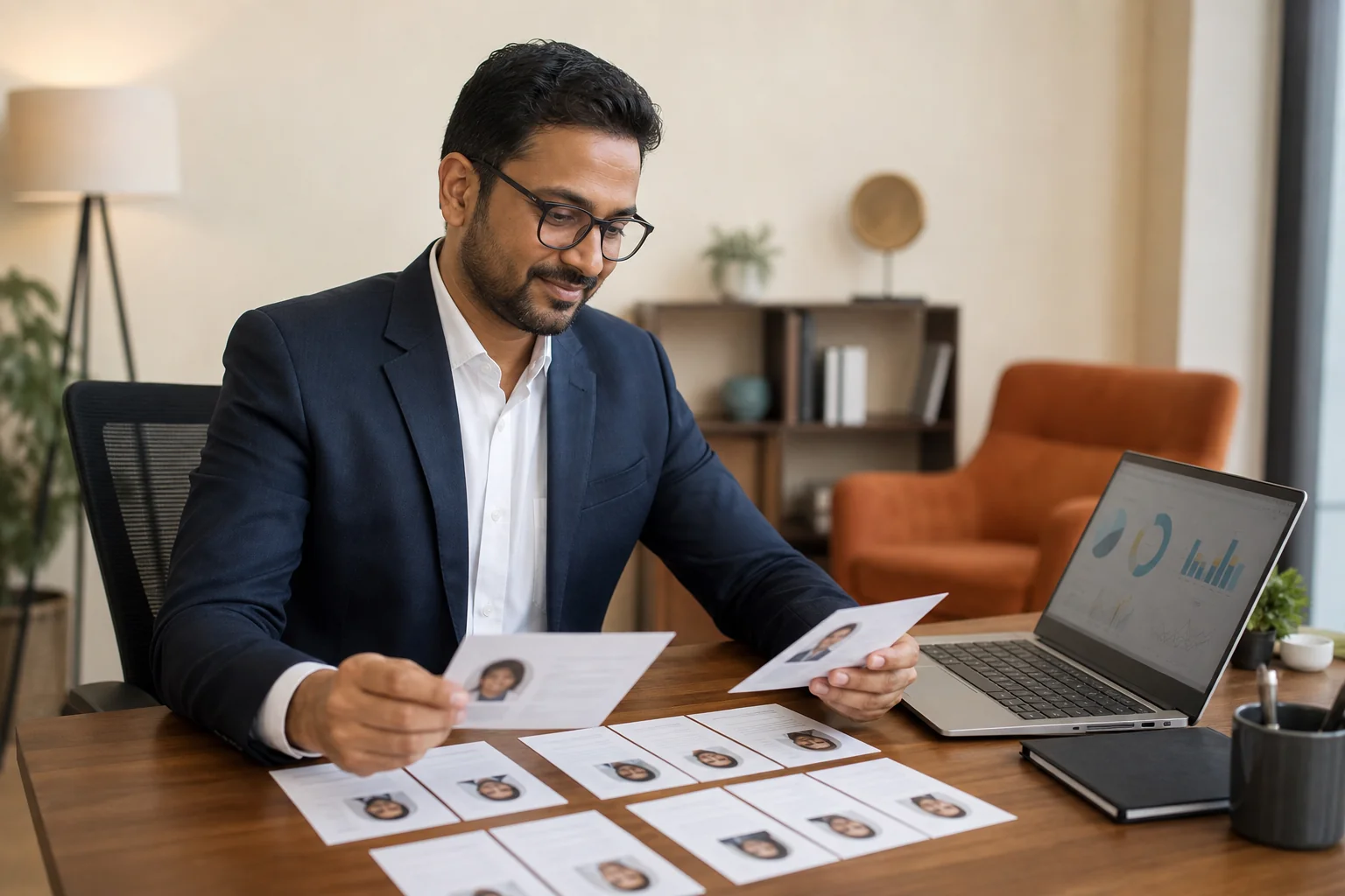 Image of a hiring manager reviewing a shortlist of pre-screened, interview-ready fintech candidates. Photorealistic photo: an Indian HR leader or hiring manager smiling slightly while reviewing a shortlist of candidate profile cards spread