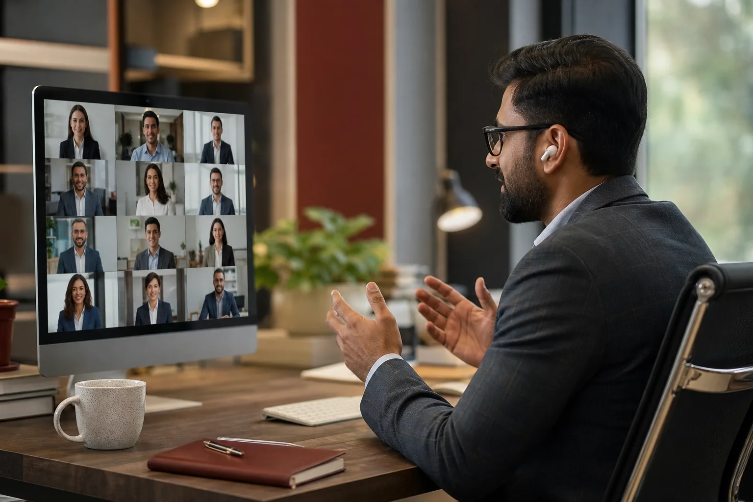 Photorealistic photo: an Indian recruiter in a modern office on a video call with multiple small screens showing diverse professional silhouettes, representing a network of specialist recruiting partners, warm ambient lighting, desk with a
