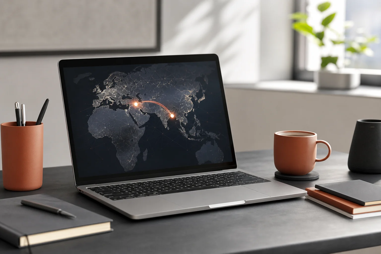 Photorealistic image of a clean modern workspace with a laptop showing an abstract world map with connection lines linking Turkey to India, coffee cup nearby, soft natural window light, desk accessories in muted terracotta (#c8573e) and