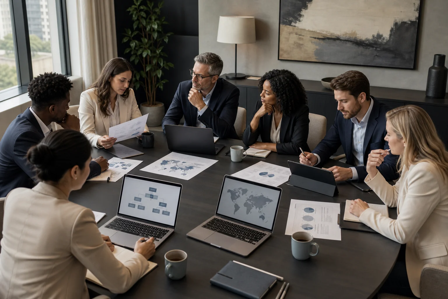 Photorealistic image of a modern office conference room with a large table, a diverse group of professionals reviewing documents and laptops showing organizational charts and world maps, warm natural lighting, muted color palette with slate
