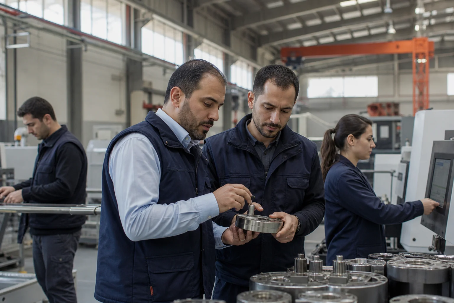 Photorealistic photo of engineers and technical professionals collaborating on a factory floor or modern manufacturing facility in Turkey, industrial setting with clean modern equipment, natural daylight streaming through large windows